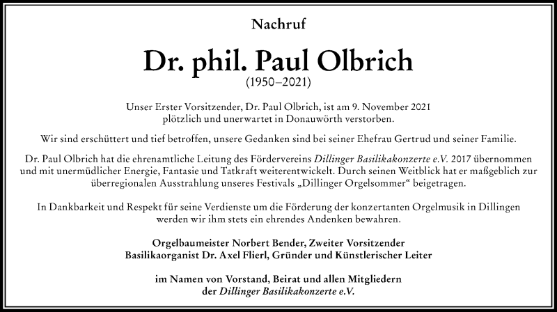  Traueranzeige für Paul Olbrich vom 16.11.2021 aus Donau Zeitung