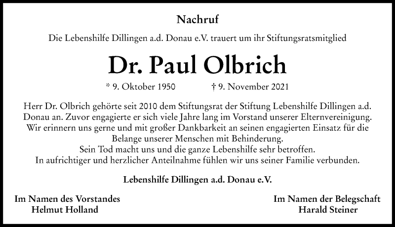  Traueranzeige für Paul Olbrich vom 18.11.2021 aus Donauwörther Zeitung, Donau Zeitung