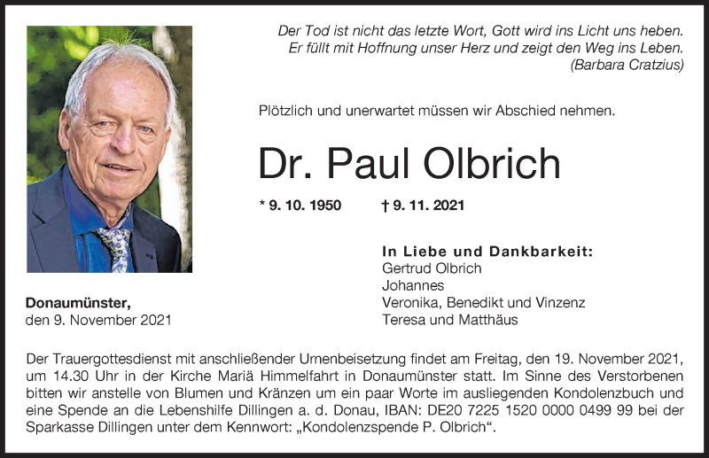  Traueranzeige für Paul Olbrich vom 16.11.2021 aus Donau Zeitung, Donauwörther Zeitung