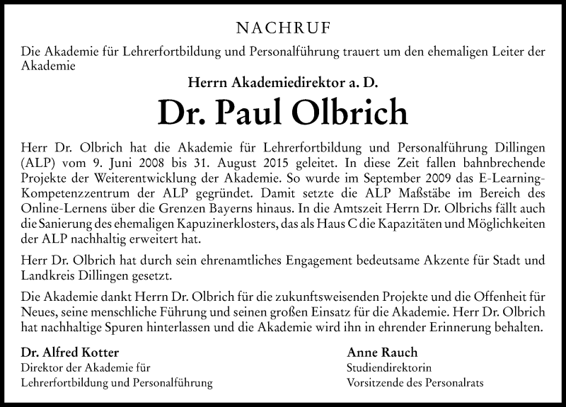  Traueranzeige für Paul Olbrich vom 16.11.2021 aus Donauwörther Zeitung, Donau Zeitung