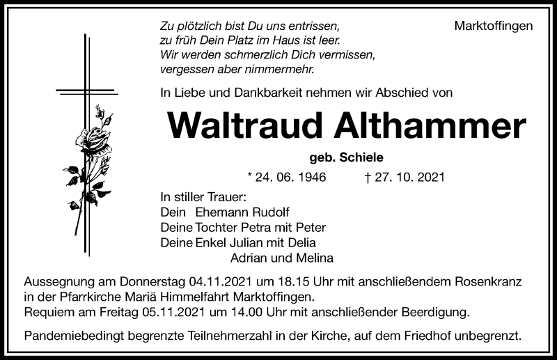 Traueranzeigen Von Waltraud Althammer Augsburger Allgemeine Zeitung