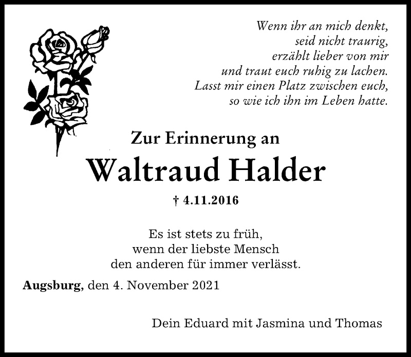 Traueranzeigen Von Waltraud Halder Augsburger Allgemeine Zeitung
