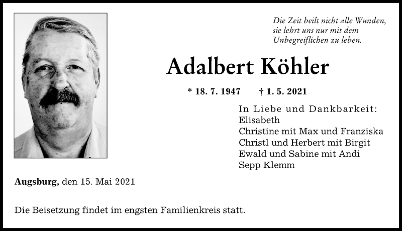 Traueranzeige von Adalbert Köhler von Augsburger Allgemeine