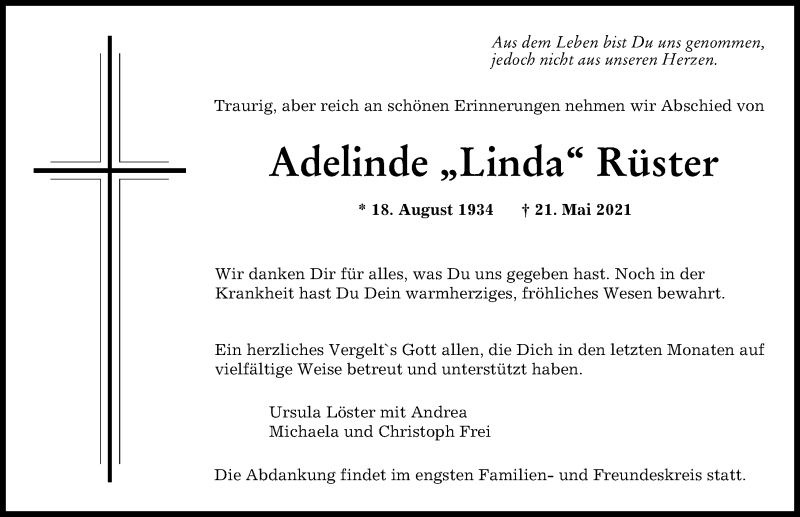 Traueranzeige von Adelinde Rüster von Augsburger Allgemeine