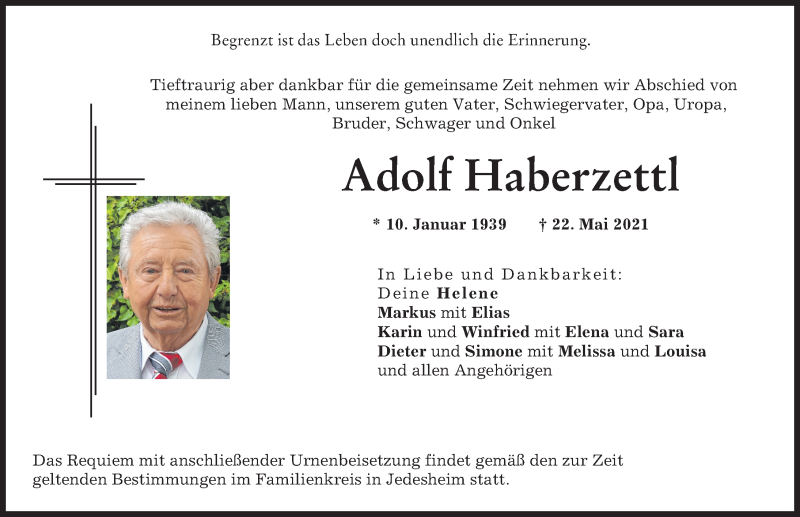 Traueranzeige von Adolf Haberzettl von Illertisser Zeitung