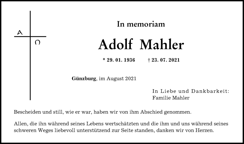 Traueranzeige von Adolf Mahler von Günzburger Zeitung