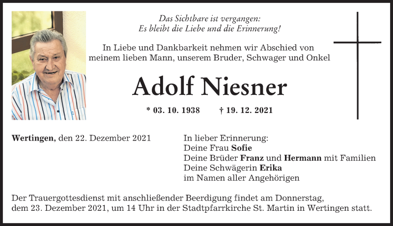 Traueranzeige von Adolf Niesner von Wertinger Zeitung