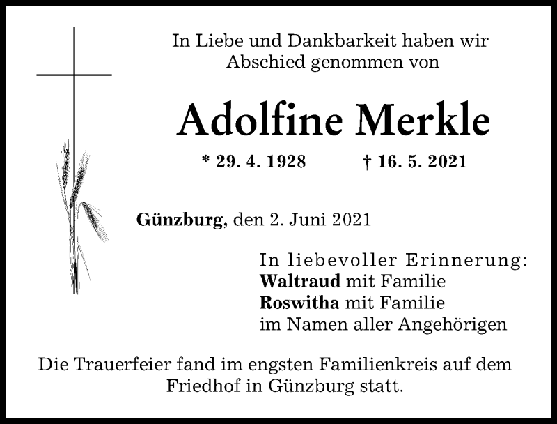 Traueranzeige von Adolfine Merkle von Günzburger Zeitung