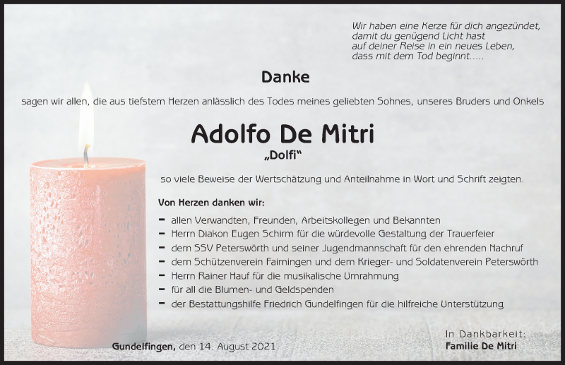  Traueranzeige für Adolfo De Mitri vom 14.08.2021 aus Donau Zeitung