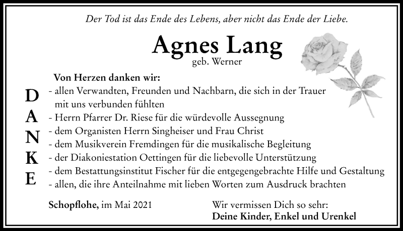 Traueranzeige von Agnes Lang von Rieser Nachrichten