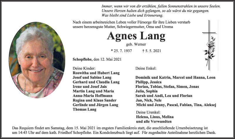 Traueranzeige von Agnes Lang von Rieser Nachrichten