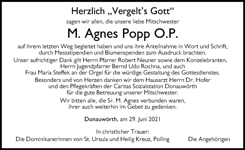 Traueranzeige von Agnes Popp von Donauwörther Zeitung