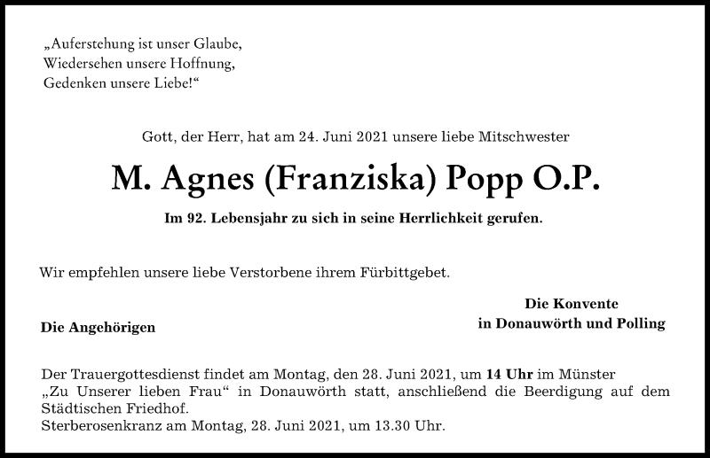 Traueranzeige von Agnes Popp von Donauwörther Zeitung