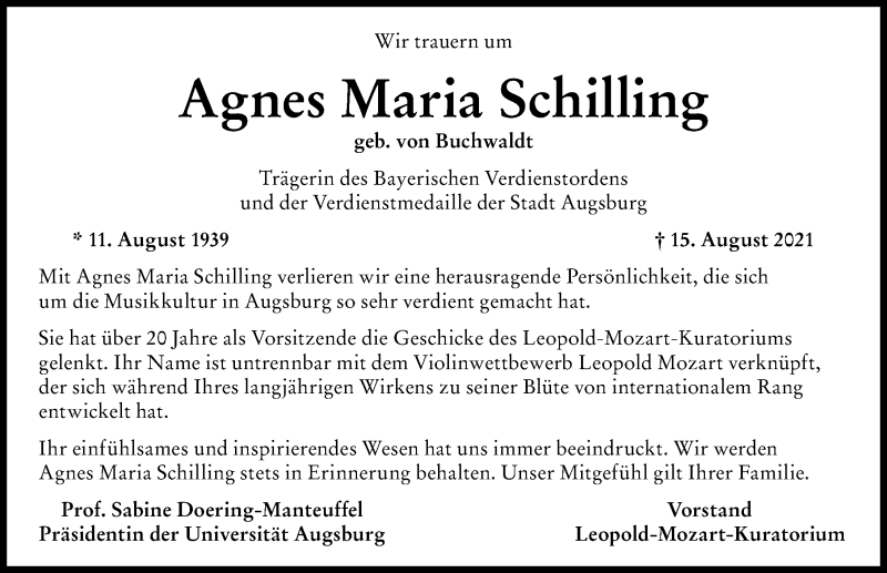 Traueranzeige von Agnes Maria Schilling von Augsburger Allgemeine