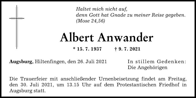 Traueranzeige von Albert Anwander von Augsburger Allgemeine