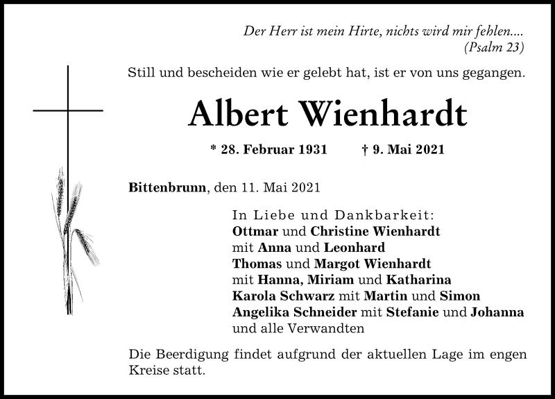 Traueranzeige von Albert Wienhardt von Neuburger Rundschau