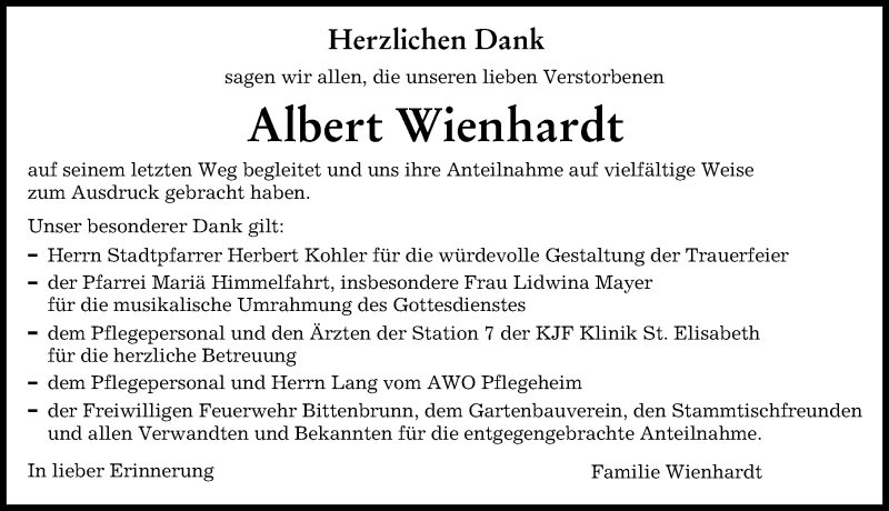 Traueranzeige von Albert Wienhardt von Neuburger Rundschau