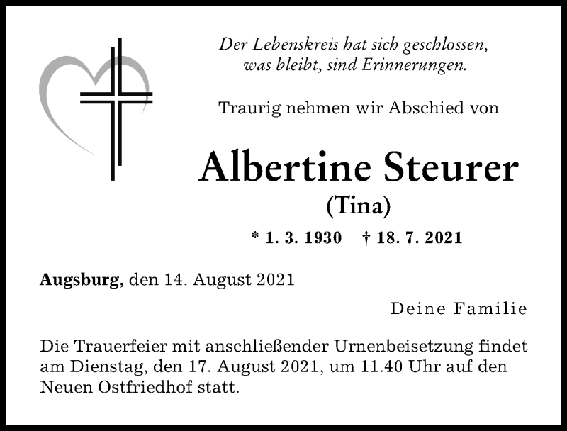 Traueranzeige von Albertine Steurer von Augsburger Allgemeine