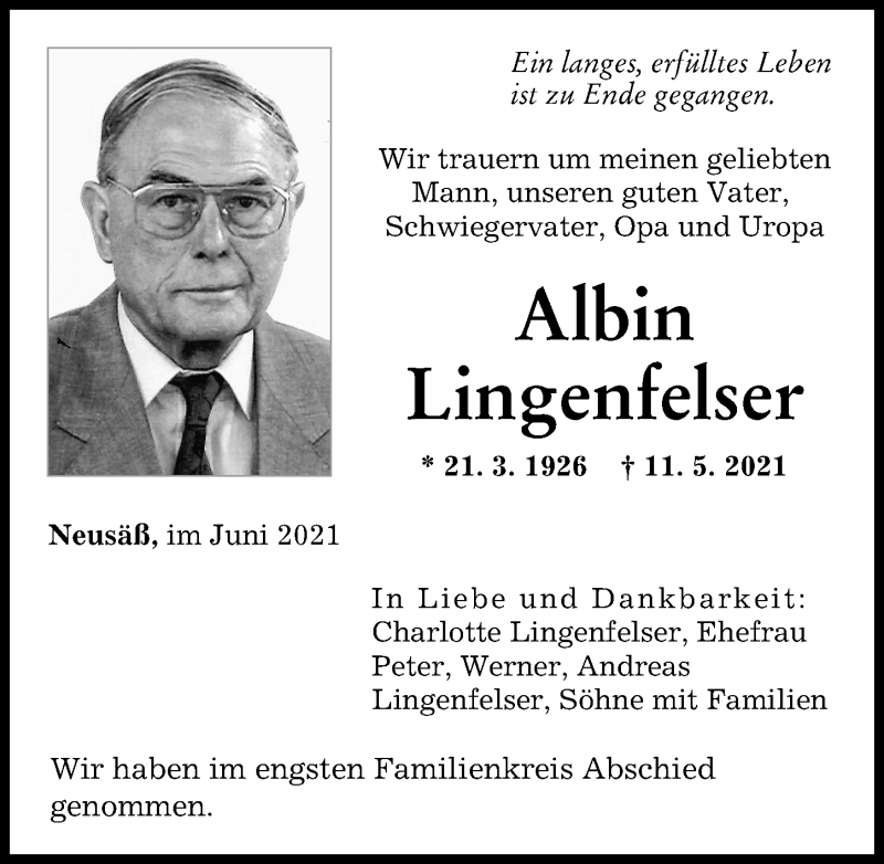 Traueranzeige von Albin Lingenfelser von Augsburger Allgemeine