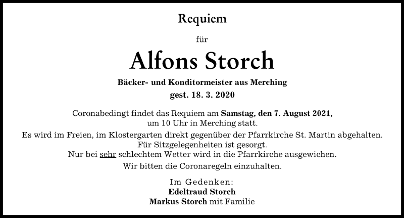 Traueranzeige von Alfons Storch von Friedberger Allgemeine, Augsburger Allgemeine