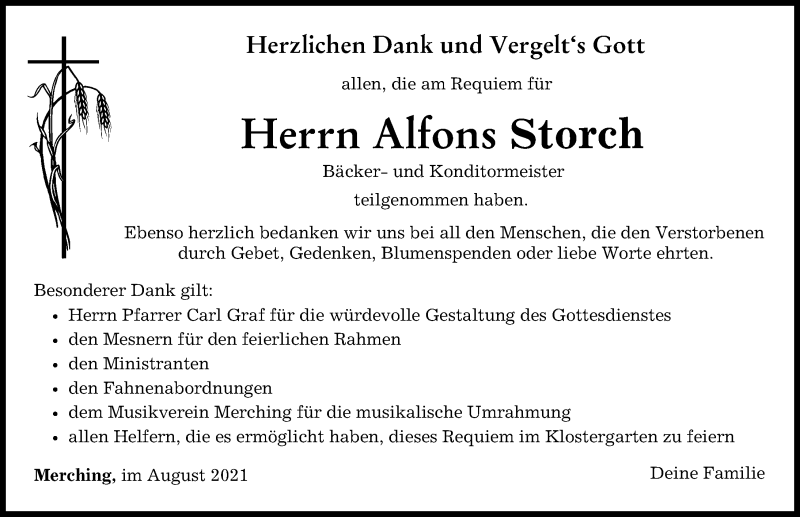  Traueranzeige für Alfons Storch vom 14.08.2021 aus Friedberger Allgemeine