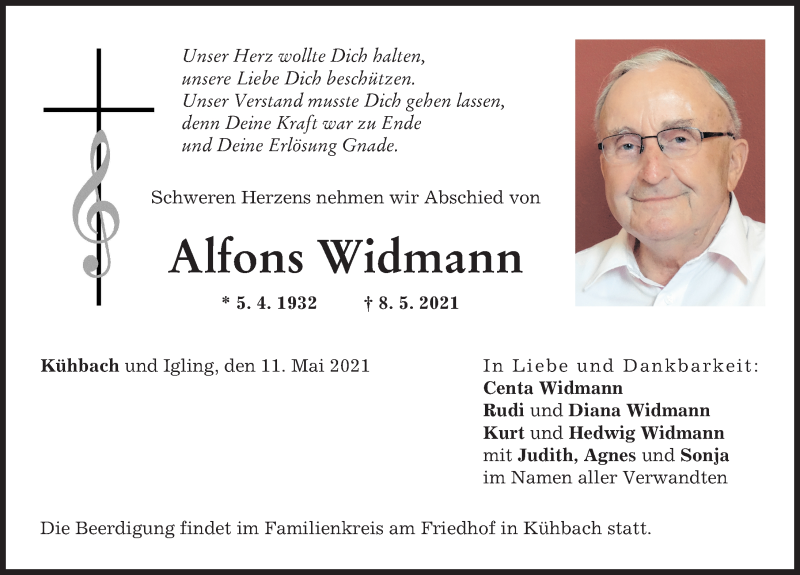 Traueranzeige von Alfons Widmann von Aichacher Nachrichten