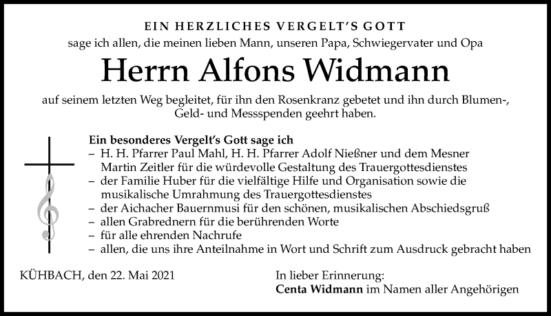 Traueranzeige von Alfons Widmann von Aichacher Nachrichten