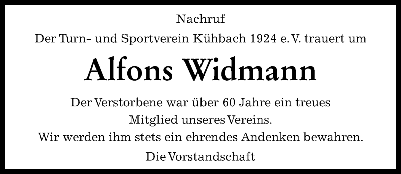 Traueranzeige von Alfons Widmann von Aichacher Nachrichten