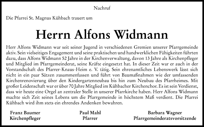 Traueranzeige von Alfons Widmann von Aichacher Nachrichten