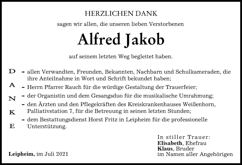 Traueranzeige von Alfred Jakob von Günzburger Zeitung