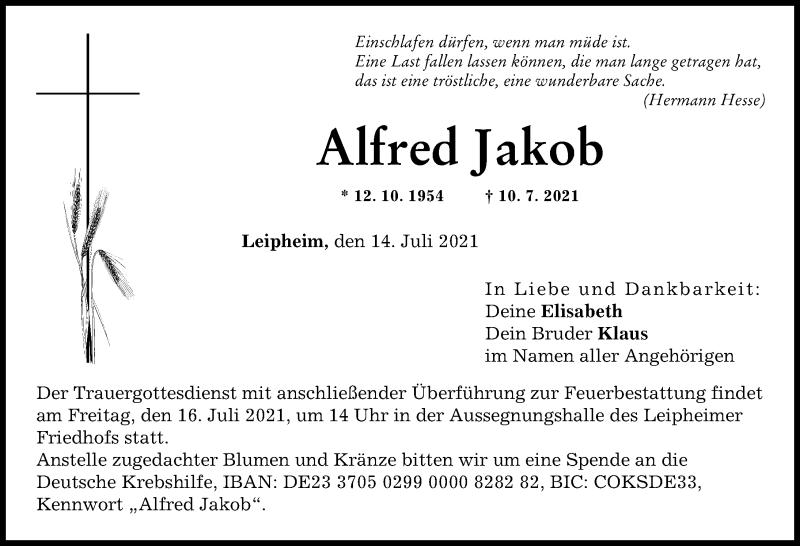 Traueranzeige von Alfred Jakob von Günzburger Zeitung