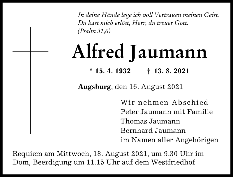 Traueranzeige von Alfred Jaumann von Augsburger Allgemeine