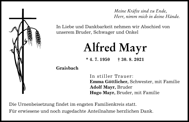 Traueranzeigen Von Alfred Mayr Augsburger Allgemeine Zeitung
