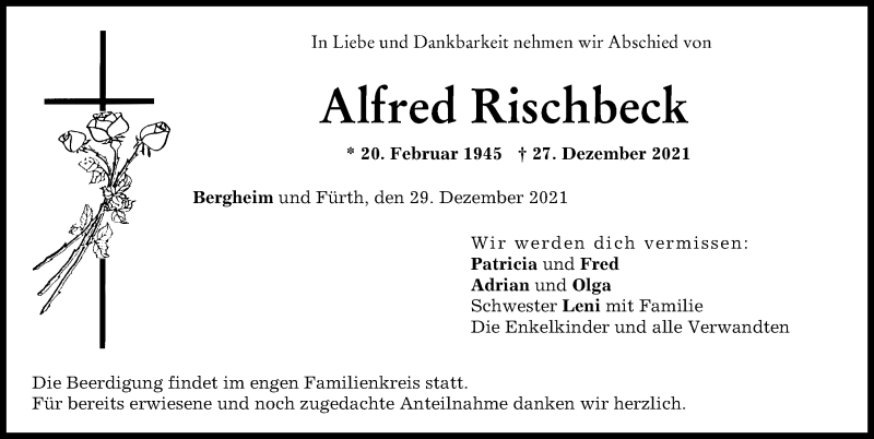 Traueranzeige von Alfred Rischbeck von Neuburger Rundschau