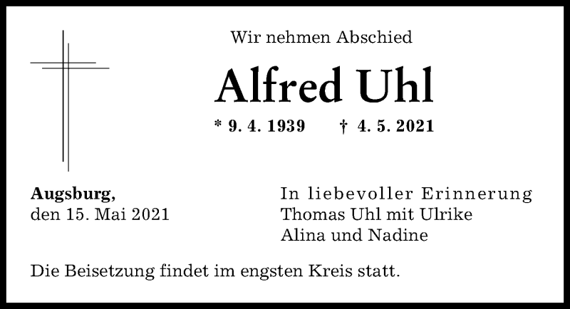 Traueranzeige von Alfred Uhl von Augsburger Allgemeine