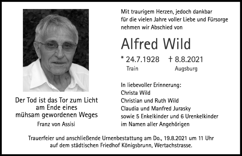 Traueranzeige von Alfred Wild von Augsburger Allgemeine