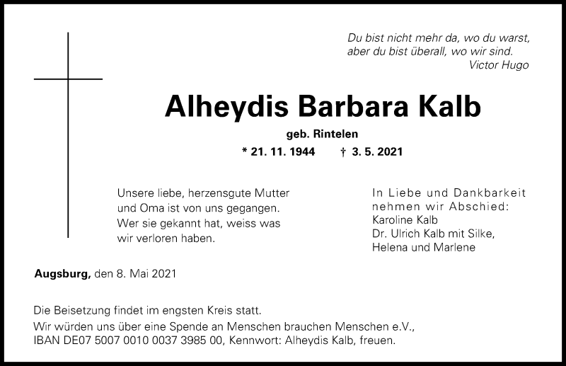 Traueranzeige von Alheydis Barbara Kalb von Augsburger Allgemeine