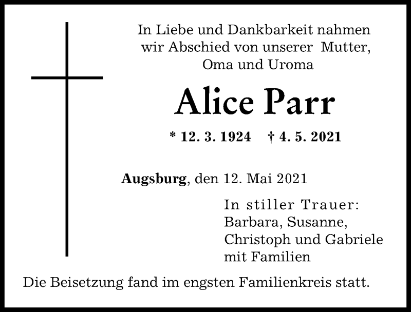 Traueranzeige von Alice Parr von Augsburger Allgemeine