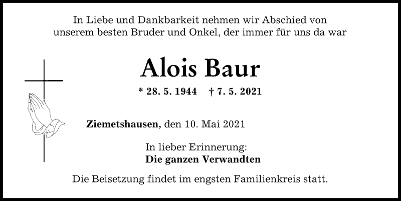 Traueranzeige von Alois Baur von Mittelschwäbische Nachrichten