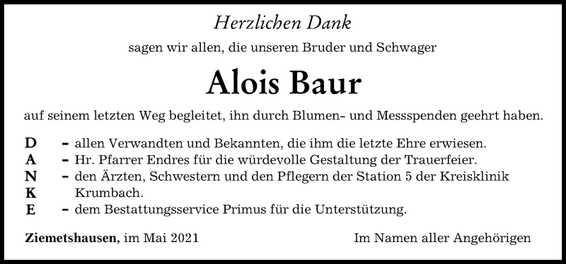 Traueranzeige von Alois Baur von Mittelschwäbische Nachrichten