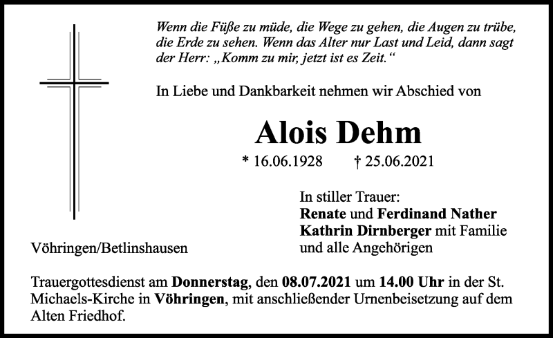 Traueranzeige von Alois Dehm von Illertisser Zeitung