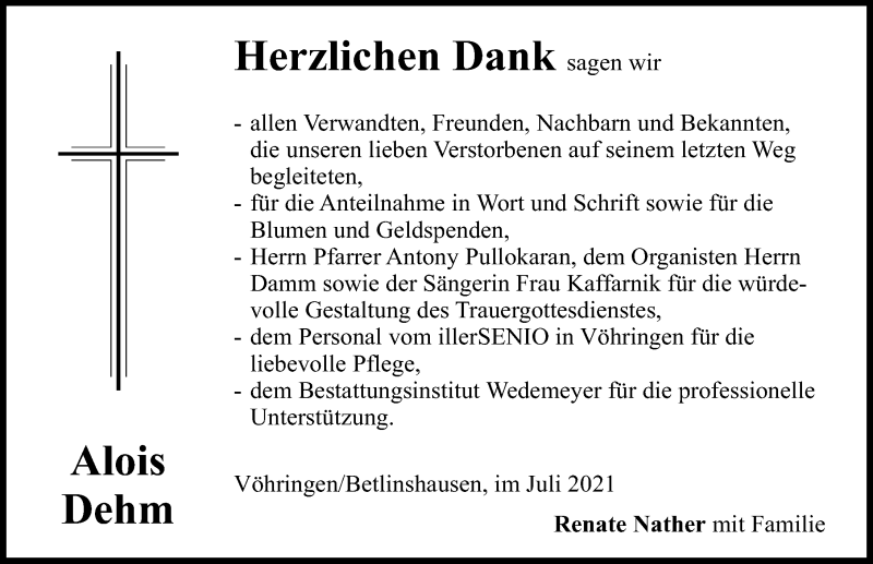 Traueranzeige von Alois Dehm von Illertisser Zeitung