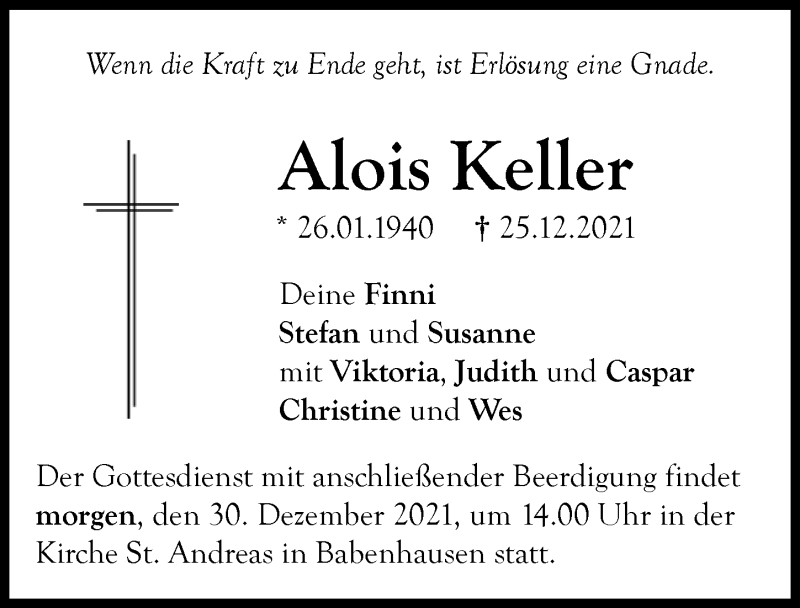 Traueranzeige von Alois Keller von Illertisser Zeitung