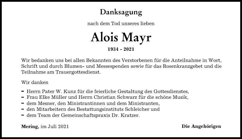 Traueranzeige von Alois Mayr von Friedberger Allgemeine