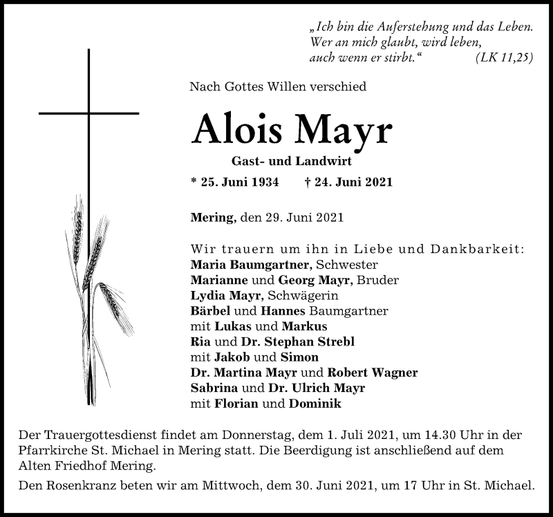 Traueranzeige von Alois Mayr von Friedberger Allgemeine