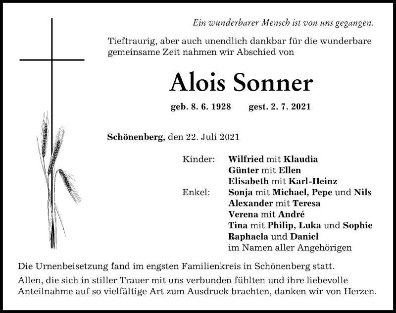 Traueranzeige von Alois Sonner von Günzburger Zeitung