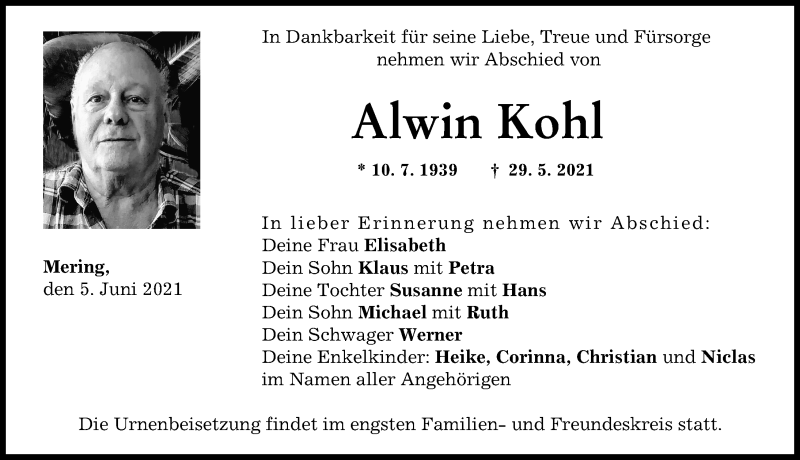 Traueranzeige von Alwin Kohl von Friedberger Allgemeine