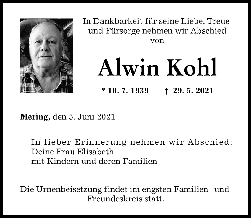 Traueranzeige von Alwin Kohl von Augsburger Allgemeine