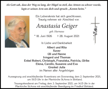 Traueranzeigen von Anastasia Geiger | Augsburger Allgemeine Zeitung