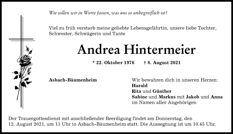 Traueranzeige von Andrea Hintermeier von Donauwörther Zeitung